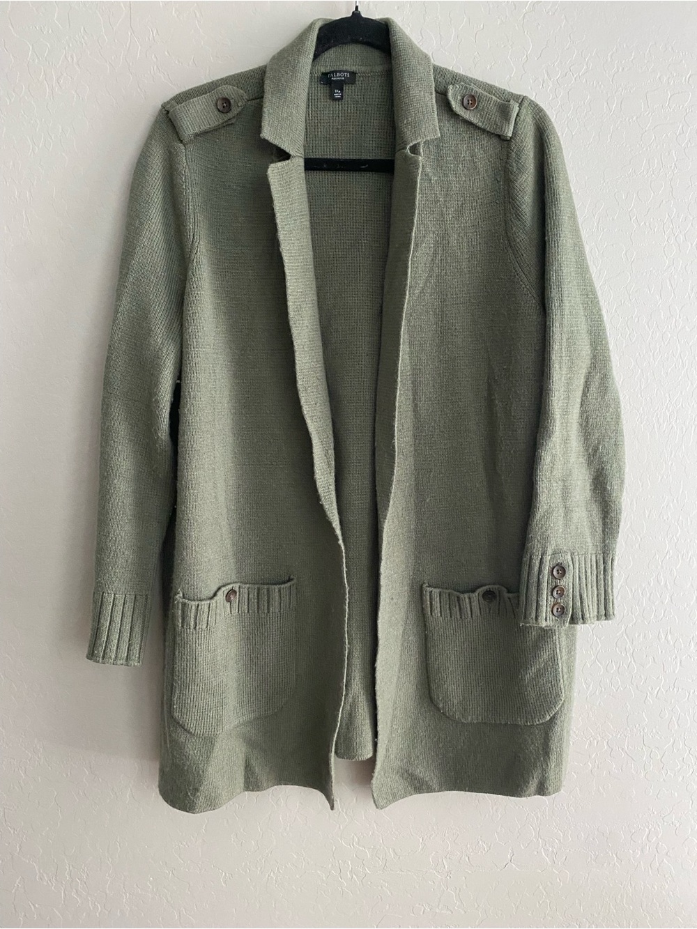 Talbots Plus Petite 1XP Olive Green Knit Sweater Blazer Jacket Martingale Back